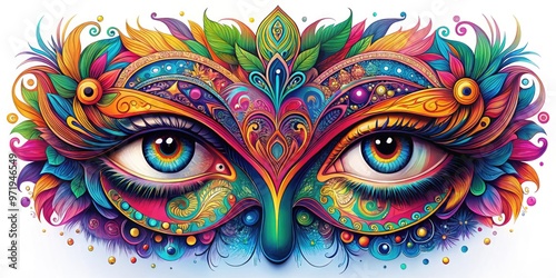 Vibrant, stylized illustration of a pair of expressive eyes with intricate details, bold lines, and vibrant colors, conveying emotion and creativity on a white background.