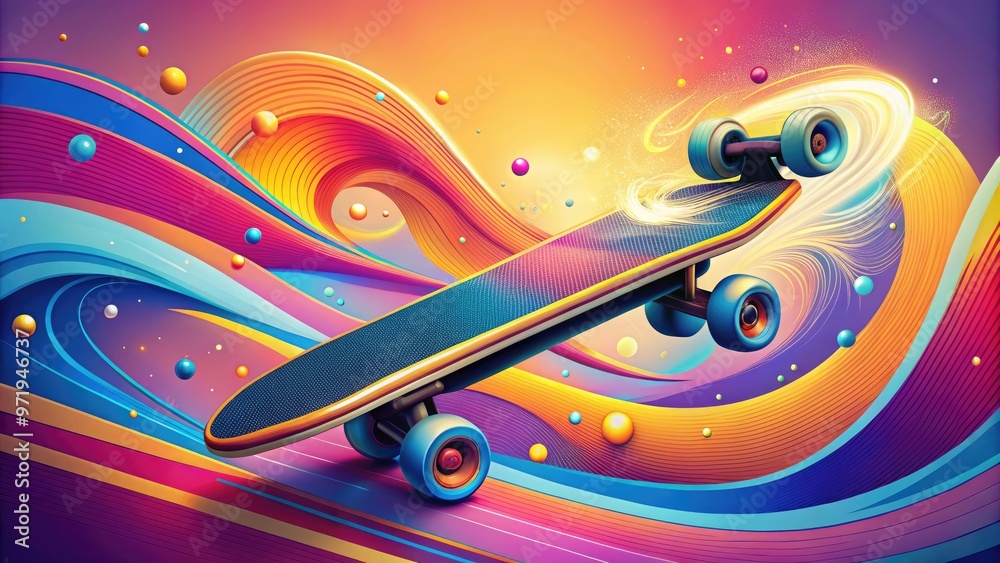 Obraz premium Vibrant, stylized illustration of a retro-inspired skateboard in mid-air, surrounded by swirling patterns and abstract shapes, against a bright, gradient-colored background.