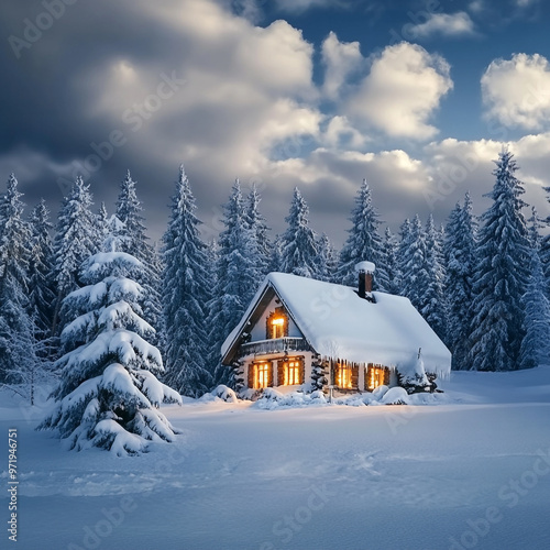 Snow-Covered Cottage in a beautiful Winter landscape photo