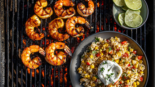 Outdoor summer grill with Honey Habanero Grilled Shrimp, roasted corn relish, cilantro rice, and spicy crème fraîche
 photo