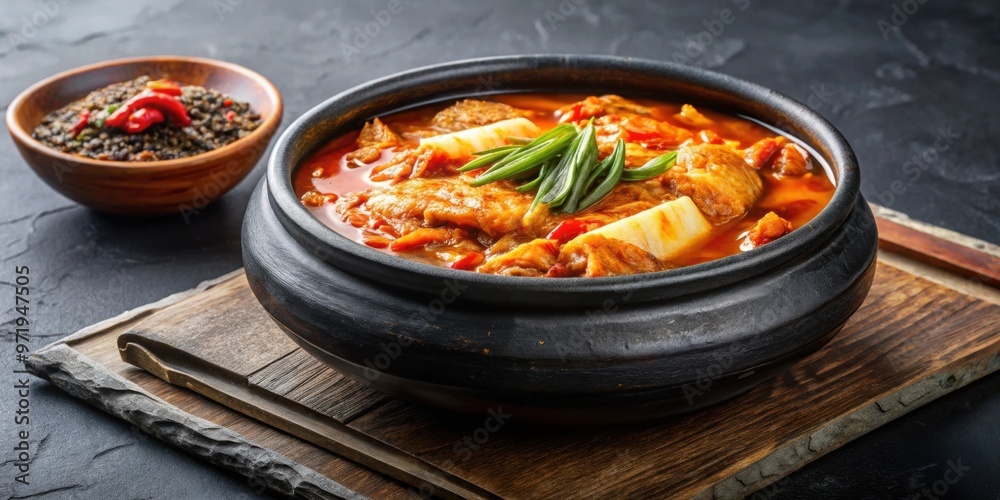 Traditional Korean kimchi stew served in a hot stone bowl , Korean food, spicy, fermented, vegetable, cabbage, tofu Traditional Korean kimchi stew served in a hot stone bowl , Korean food, spicy, fermented, vegetable, cabbage, tofu