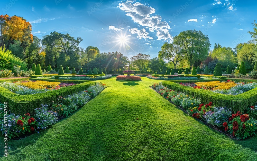 Fototapeta premium Panoramic view of a beautiful ornamental garden featuring well-manicured grass, topiary trees, and colorful flower beds under a clear blue sky, surrounded by green hedges.