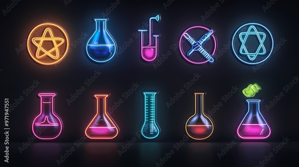Colorful neon science symbols on a dark background. Colorful neon science symbols on a dark background.