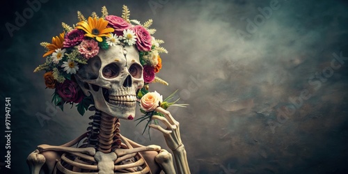 Arafed skeleton wearing a flower crown and holding a flower in its mouth, skeleton, flower crown, flower, decoration, Halloween photo