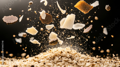 Close up of deconstructed black truffle risotto showcasing rice, truffle pieces, and garnishes in mid air, creating dynamic and appetizing visual photo