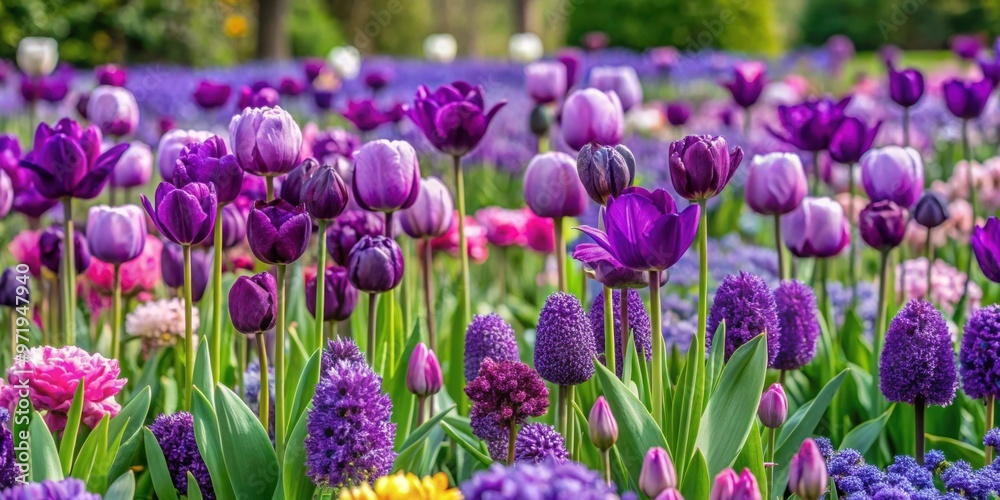Perennial flower bed bursting with various shades of purple flowers and bulbs, perennial, flower bed, purple, garden, park Perennial flower bed bursting with various shades of purple flowers and bulbs, perennial, flower bed, purple, garden, park