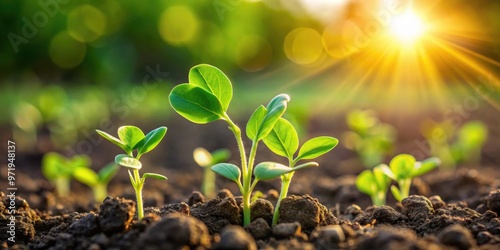 Green lentil plant just beginning to sprout in the sunlit field , agriculture, growth, farm, organic, soil, nature, plant, crop