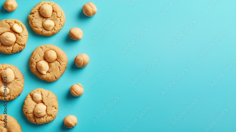 Delicious Macadamia Nut Cookies - Overhead Shot on Turquoise Background Delicious Macadamia Nut Cookies - Overhead Shot on Turquoise Background