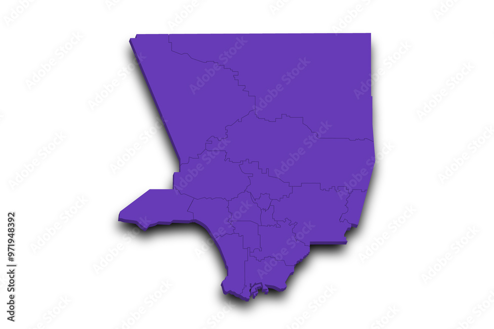 3d Map of Los Angeles County with regions and color. California, United State of America, US, United State 3d Map of Los Angeles County with regions and color. California, United State of America, US, United State