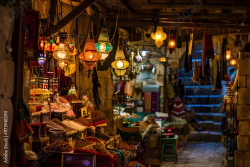 An Arabian souk illuminated by glowing lanterns at night, creating a magical market scene