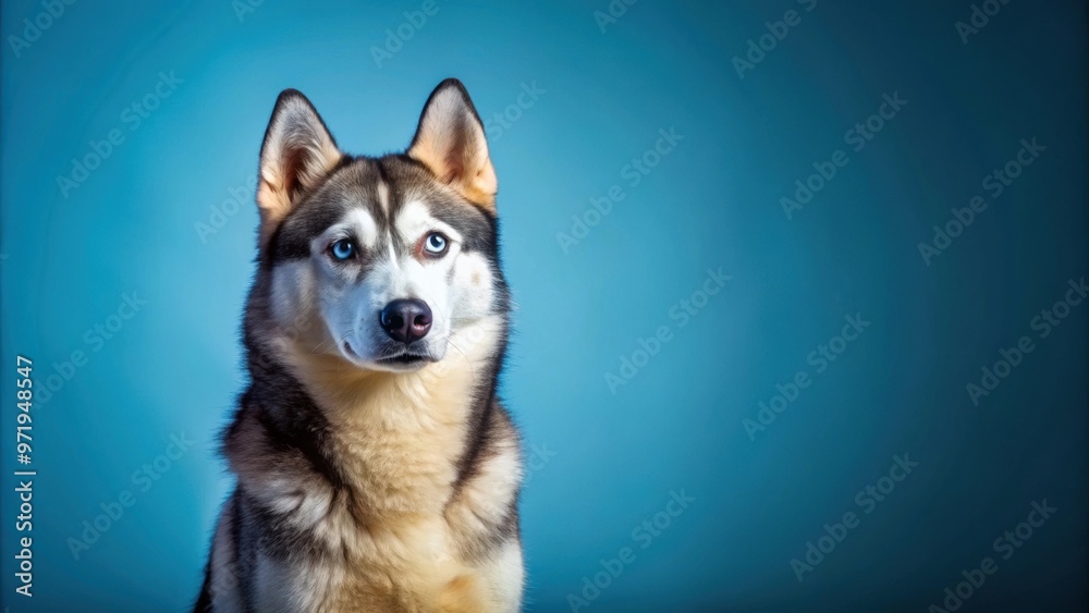 Fototapeta premium Adorable husky dog sitting and looking forward on blue background, husky, dog, pet, animal, sitting, fluffy, cute
