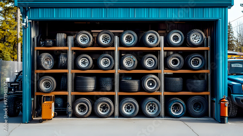 tire store with an outdoor rack showcasing a variety of tires for trucks and all-terrain vehicles, placed neatly on metal racks photo