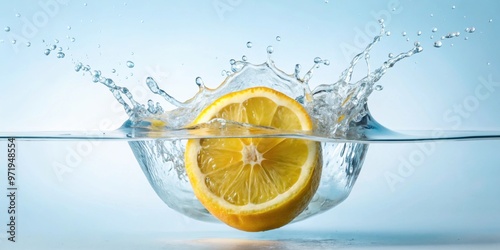 Fresh lemon splashing into water with dynamic water droplets, lemon, fruit, splash, water, refreshing, citrus, yellow, drink