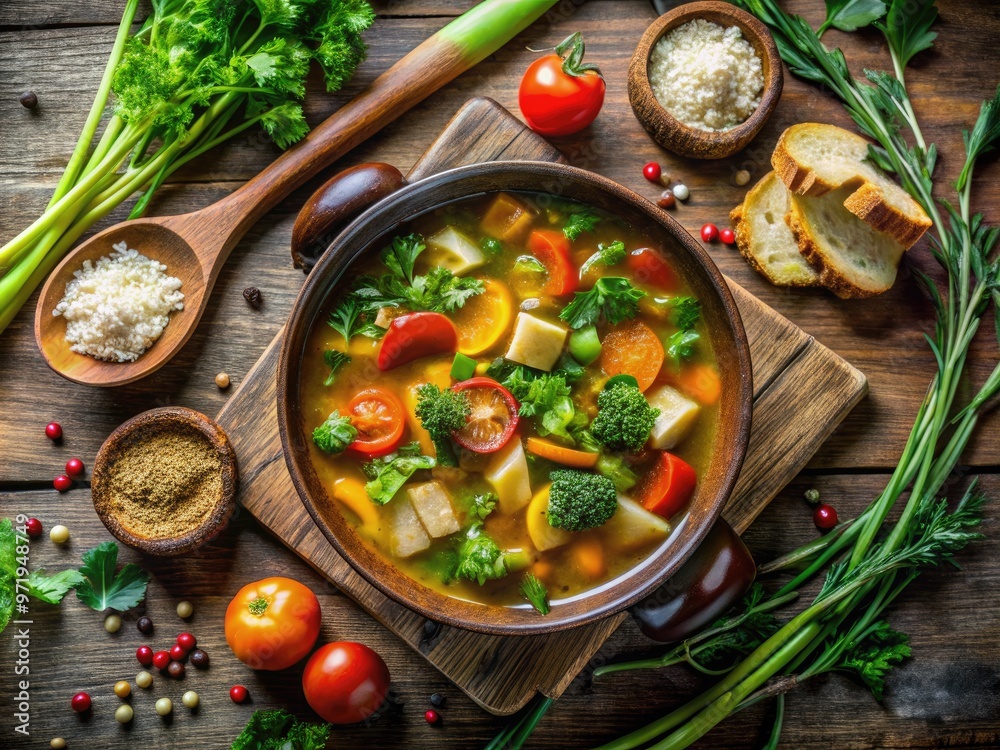 Vibrant vegetables and savory broth fill a ceramic bowl surrounded by crusty bread and fresh herbs on a rustic wooden table setting. Vibrant vegetables and savory broth fill a ceramic bowl surrounded by crusty bread and fresh herbs on a rustic wooden table setting.