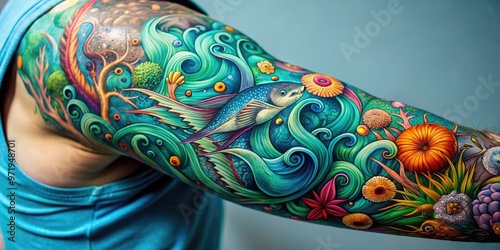 Vibrant turquoise waves and sea creatures swirl around a toned arm, showcasing a stunning ocean-inspired sleeve tattoo with intricate details and bold linework.