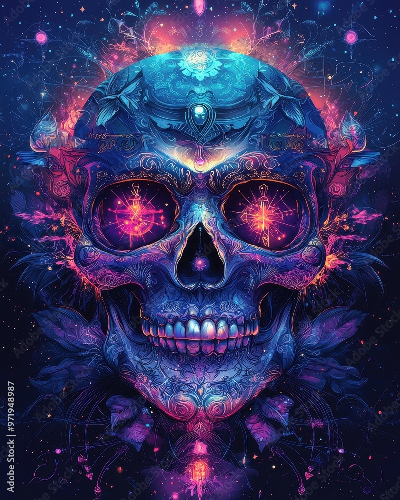 Colorful skull design with intricate patterns and cosmic elements, showcasing a surreal aesthetic. Colorful skull design with intricate patterns and cosmic elements, showcasing a surreal aesthetic.