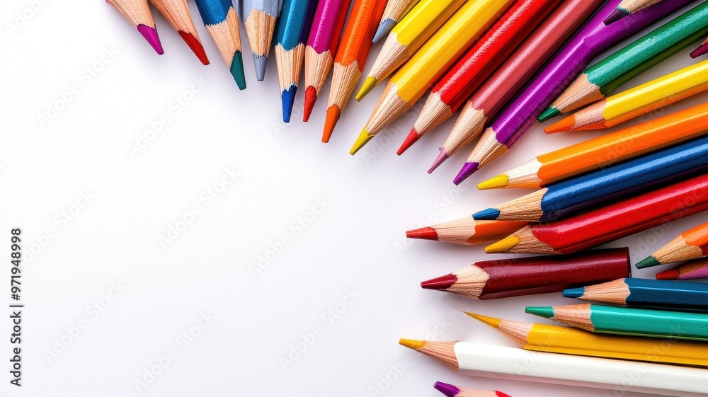 Vibrant colored pencils arranged in a circular pattern, creating a colorful art supply backdrop with a blank space for text. Vibrant colored pencils arranged in a circular pattern, creating a colorful art supply backdrop with a blank space for text.