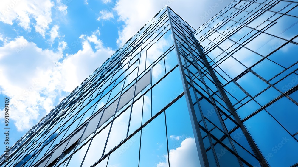 Obraz premium Modern Glass Building Reflecting Sky and Clouds