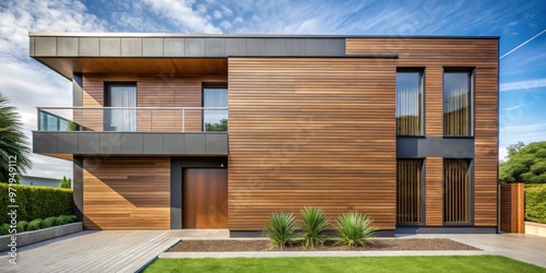 Wood texture composite cladding installation on modern house facade with WPC exterior wall siding panels , wood, texture