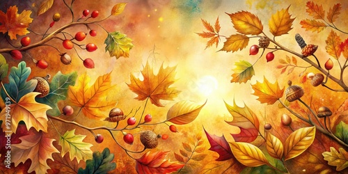 Vibrant watercolor illustration of autumnal foliage, featuring rustling leaves, acorns, and twisting vines, set against a warm, golden-hued background with subtle texture and gradient effects. photo