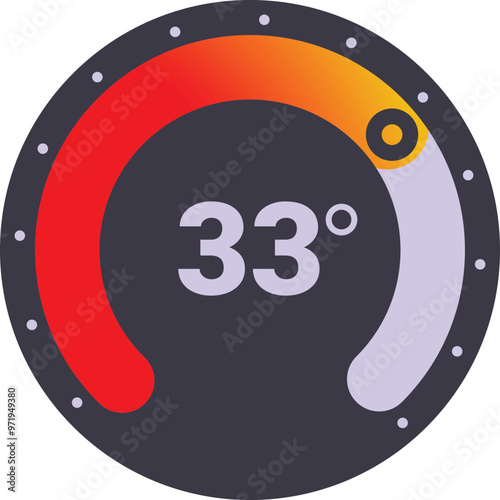 Round thermostat showing the temperature setting at 33 degrees with a red and purple scale