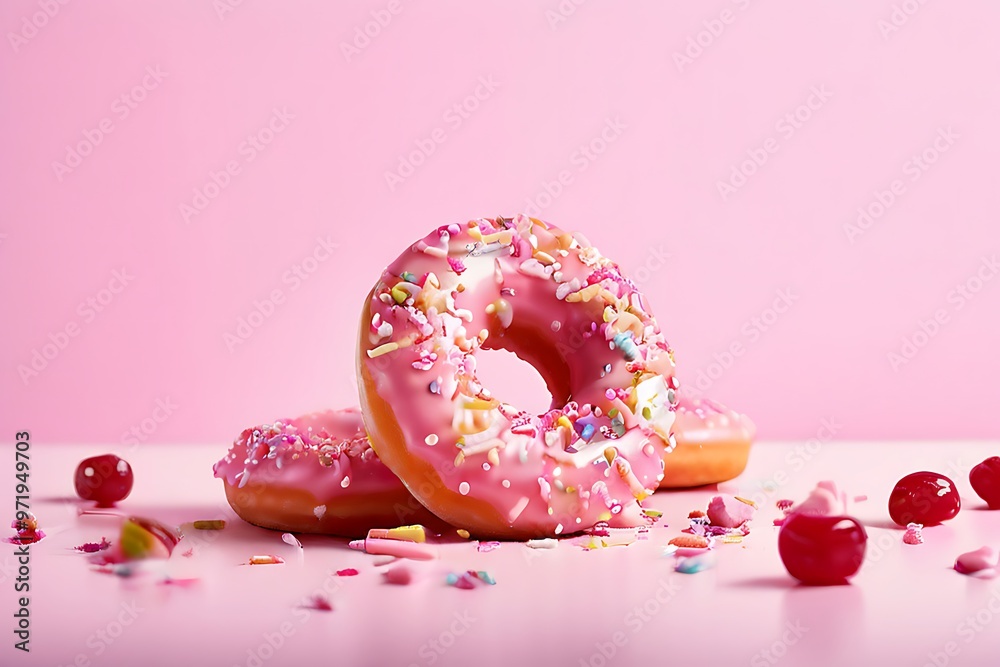 Pink Donuts with Sprinkles and Cherries on a Pink Background. Pink Donuts with Sprinkles and Cherries on a Pink Background.
