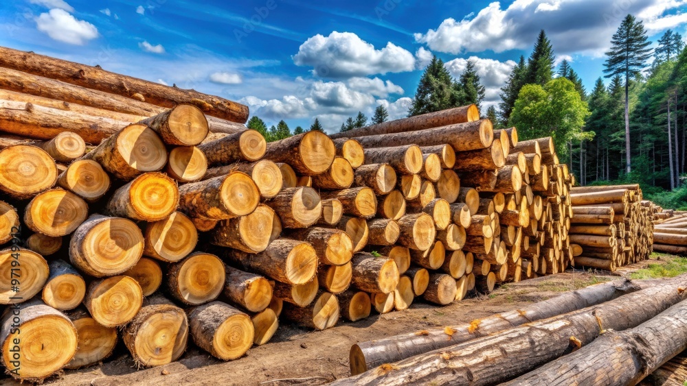 Image of freshly cut fallen tree trunks stacked together in a lumberyard , lumber, timber, wood Image of freshly cut fallen tree trunks stacked together in a lumberyard , lumber, timber, wood