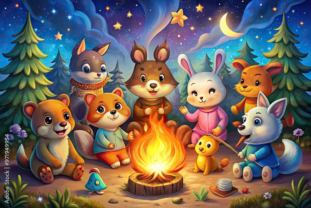 Naklejka premium Vibrant, whimsical illustration of a diverse group of cartoon friends, including animals and fantastical creatures, gathered around a glowing campfire under starry night sky.