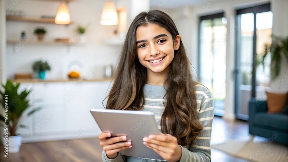 Young woman using a tablet in a modern living room. Young woman using a tablet in a modern living room.