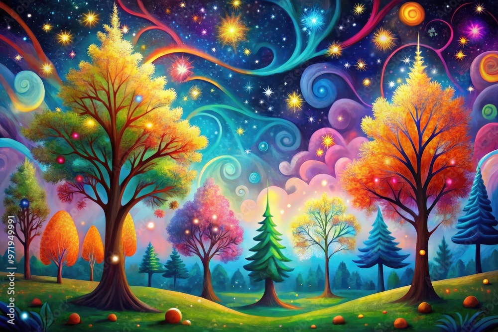 Vibrant, whimsical illustration of a fantastical forest, featuring colorful trees, twinkling stars, and swirling clouds, perfect for adding a touch of magic to any design.