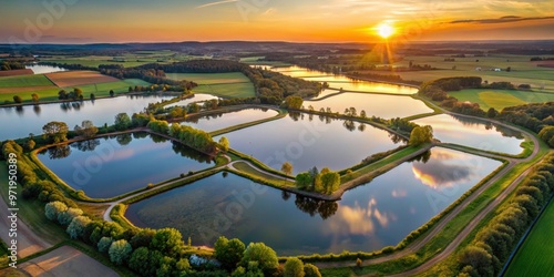 Aerial view of divided ponds at sunset in Hustopece nad Becvou , sunset, aerial view, ponds, water, reflections, landscape photo