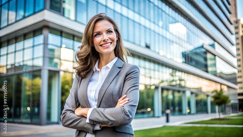 Confident Businesswoman Standing in Front of Modern Office Building. Confident Businesswoman Standing in Front of Modern Office Building.