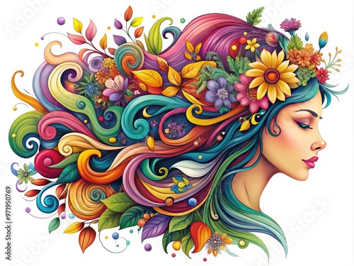 Vibrant, whimsical illustration of a stylized woman's hair flowing like tendrils, adorned with flowers, leaves, and abstract shapes in a mesmerizing, colorful design.