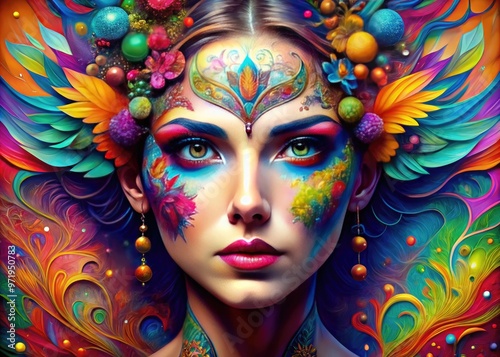 Vibrant, whimsical illustration of a woman's face with bold, colorful makeup designs, abstract patterns, and fantastical elements, blending reality and fantasy in a mesmerizing digital artwork.