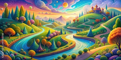 Vibrant, whimsical illustration of a winding road traversing rolling hills, mystical forests, and sparkling waterways, symbolizing life's adventures and personal growth. photo