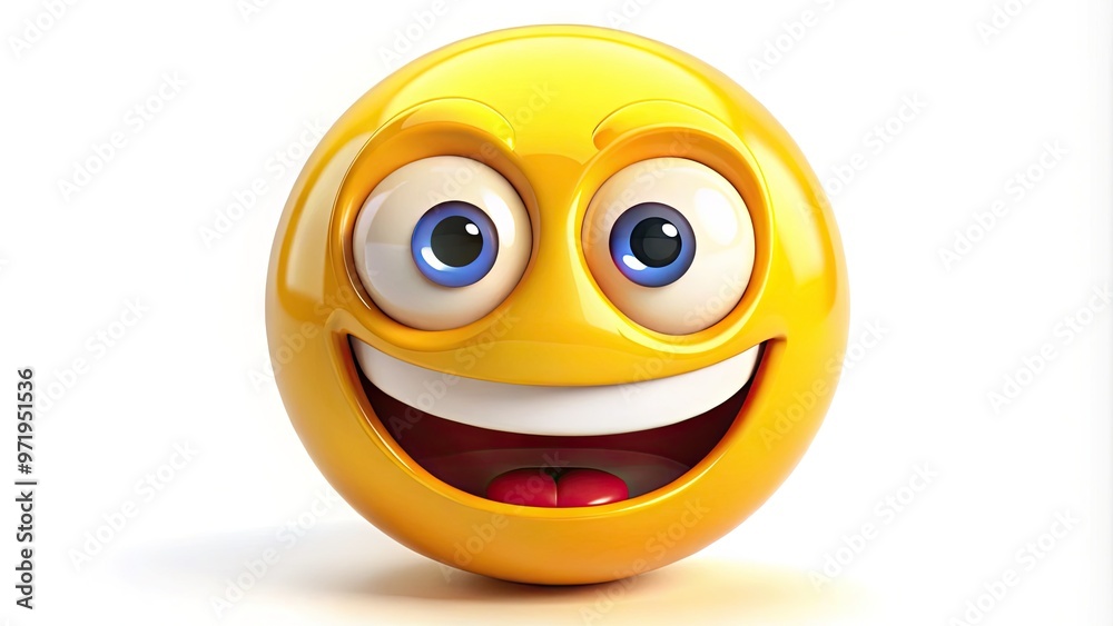 Fototapeta premium Vibrant yellow emoticon with bright, shiny eyes and a wide, cheerful grin, expressing pure happiness and friendliness, isolated on a white background.