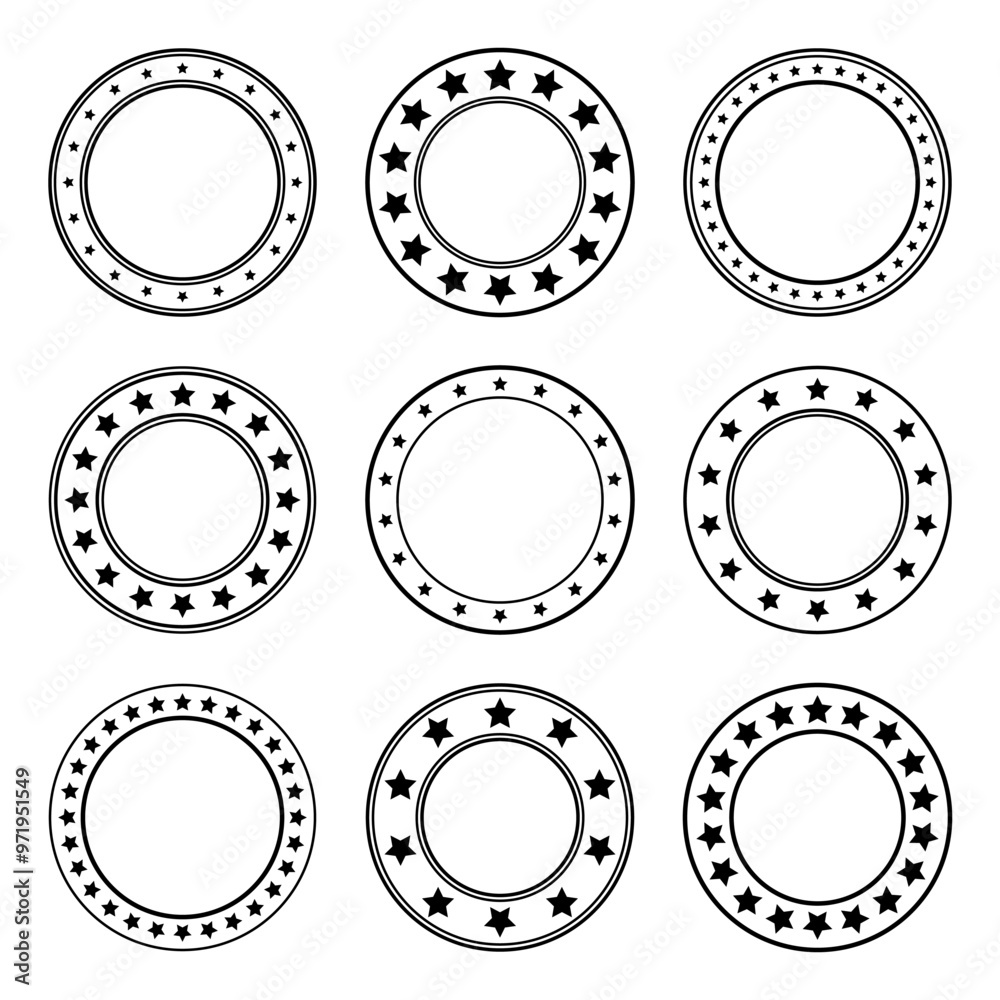 Stars of various sizes arranged in a circle. Round frame, border. Black star shape, simple symbol. Vintage logo, logotype design element, ornament. Vector illustration Stars of various sizes arranged in a circle. Round frame, border. Black star shape, simple symbol. Vintage logo, logotype design element, ornament. Vector illustration