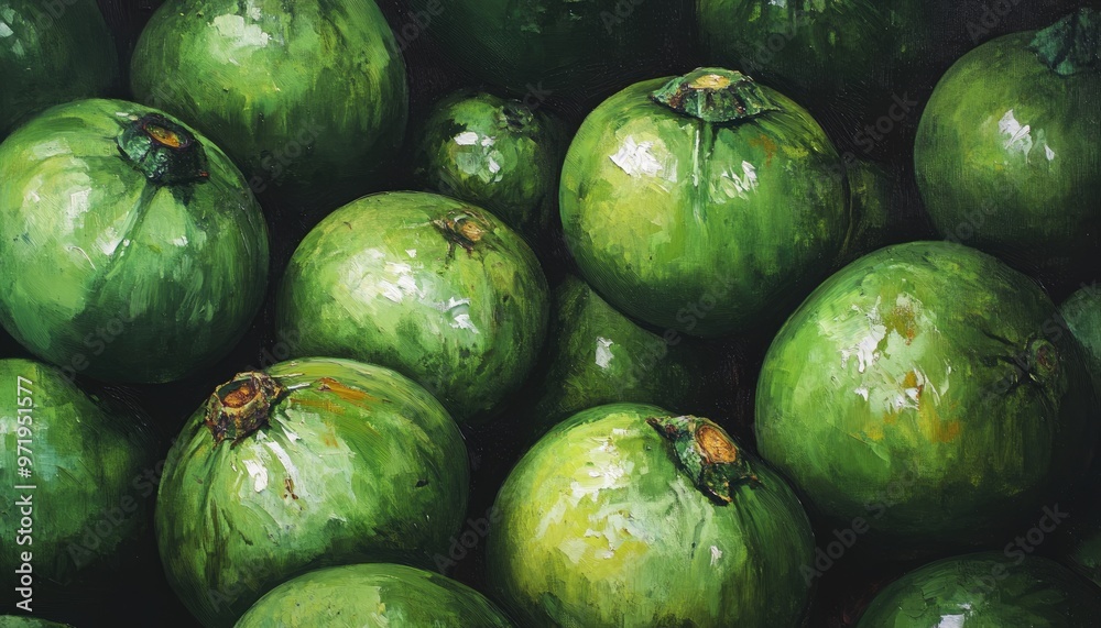 Oil painting showcasing a pile of fresh green round eggplant vegetables Oil painting showcasing a pile of fresh green round eggplant vegetables