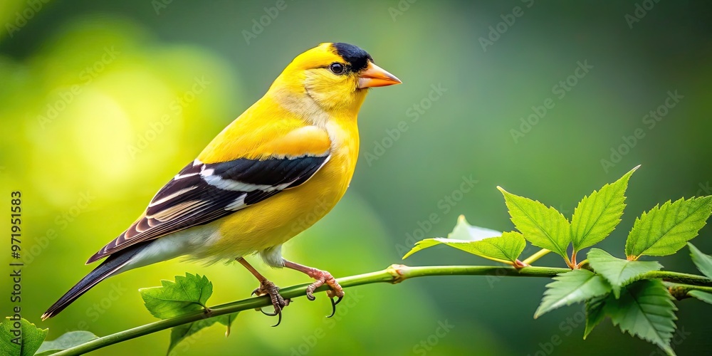 Obraz premium Vibrant yellow goldfinch perched on a delicate twig, showcasing its striking black cap and wings, amidst a lush green leafy background with subtle bokeh effect.