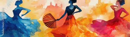 A lively Spanish festival with colorful flamenco dancers, ornate fans, and swirling skirts, set against a backdrop of traditional Spanish architecture in watercolor