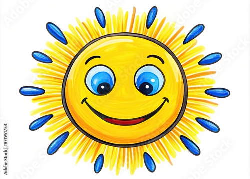 Vibrant yellow smiley face with bright blue eyes and rosy cheeks, outlined in bold black strokes, radiates joy and warmth against a clean white background.
