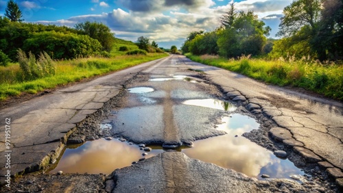 Cracked road with potholes and puddles , infrastructure, transportation, damage, maintenance, street, rainy, wet, weather, repair