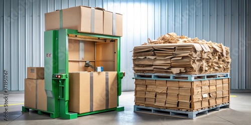 Cardboard baler compacting used cardboard boxes for recycling, recycle, cardboard, baler, compactor, waste management