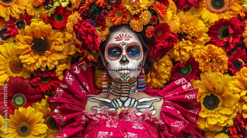 Sugar skull makeup with colorful flowers. Day of the Dead concept.