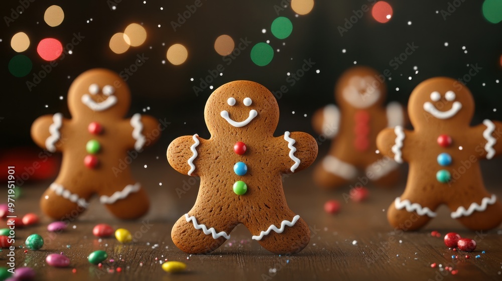 Obraz premium Gingerbread men dancing, holiday wallpaper with candy accents, 3D illustration
