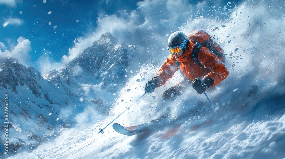 Skier navigating through snowy mountains in an adventurous scene. Skier navigating through snowy mountains in an adventurous scene.