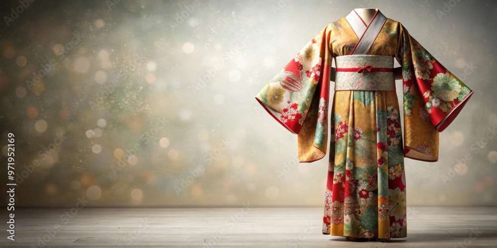 Naklejka premium Traditional Japanese kimono dress with intricate patterns and elegant design, kimono, Japanese culture, traditional dress