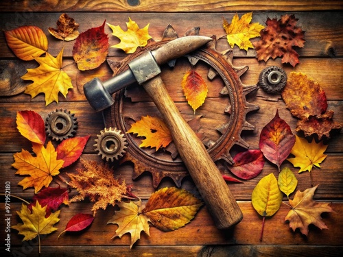 Vintage-inspired illustration of a retro-style hammer, gears, and tools surrounded by autumn leaves, evoking nostalgia and celebrating the working class on Labor Day. photo