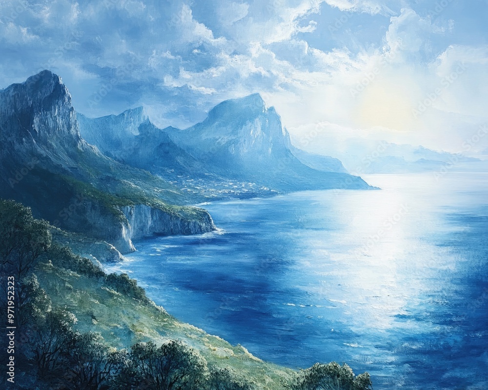 Obraz premium Oil painting depicting breathtaking sea and mountains evoking a sense of freedom and tranquility capturing nature s beauty and emotional serenity