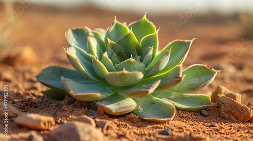 A close-up of a succulent plant growing in the desert sands of the Australian Outback, displaying its thick, water-retaining leaves 